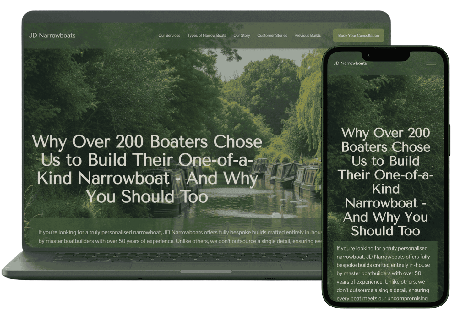 found and trusted hero image example jdnarrowboats an image showing the website of Jdnarrowboats on a laptop and phone made by found and trusted